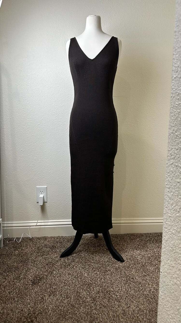 H&M Rib Knit Midi Dress Size XS Brown V-Neck Button Slit